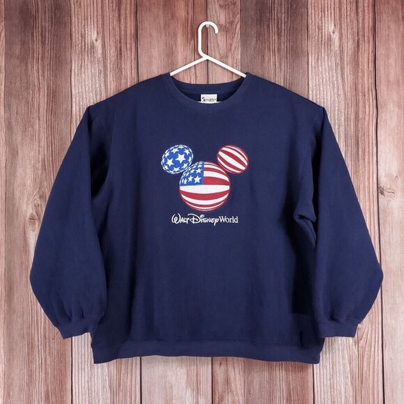 Disney Tops - Vintage Walt Disney World XXXL Blue Mickey Mouse USA Flag Embroidered Sweatshirt